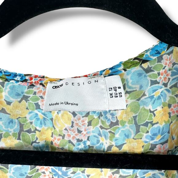 ASOS Design Floral Ditsy Blue Yellow Button Flutter V-Neck Long Sleeve Blouse - Picture 4 of 7